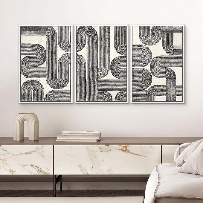 SIGNWIN Framed Canvas Print Wall Art Set Black and White Geometric Line Abstract Illustrations Modern Art Decorative Chic Calm/Zen for Living Room, Bedroom, Office - 24"x36"x3 WHITE