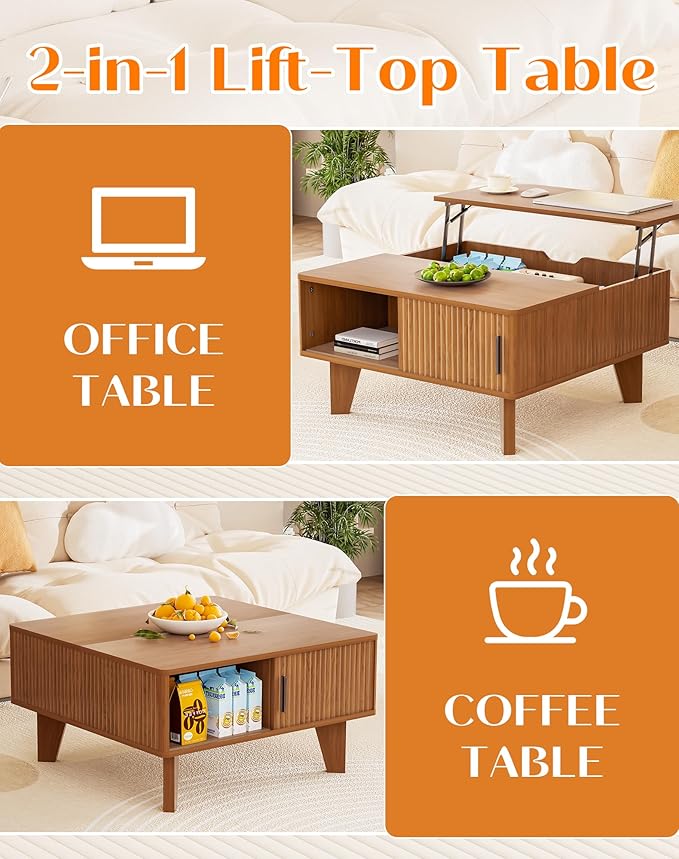 Lift Top Coffee Table with Storage, 29.7" Small Square Coffee Table for Living Room, Mid Century Modern Fluted Wood Center Table with Sliding Tambour Door, Walnut