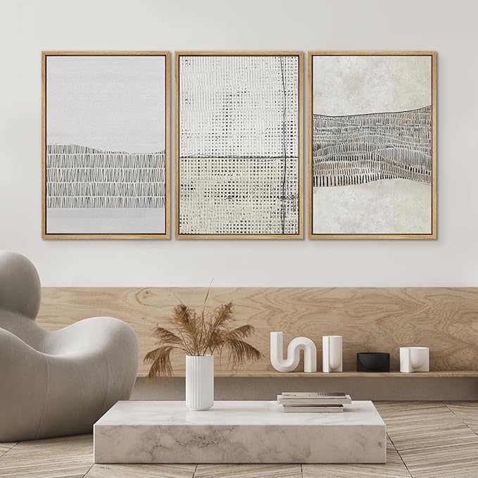 SIGNWIN Framed Canvas Print Wall Art Set Grunge Black Tan Line Art Landscape Abstract Shapes Cozy Neutral Decorative Contemporary Minimal for Living Room, Bedroom, Office - 16"x24"x3 Natural