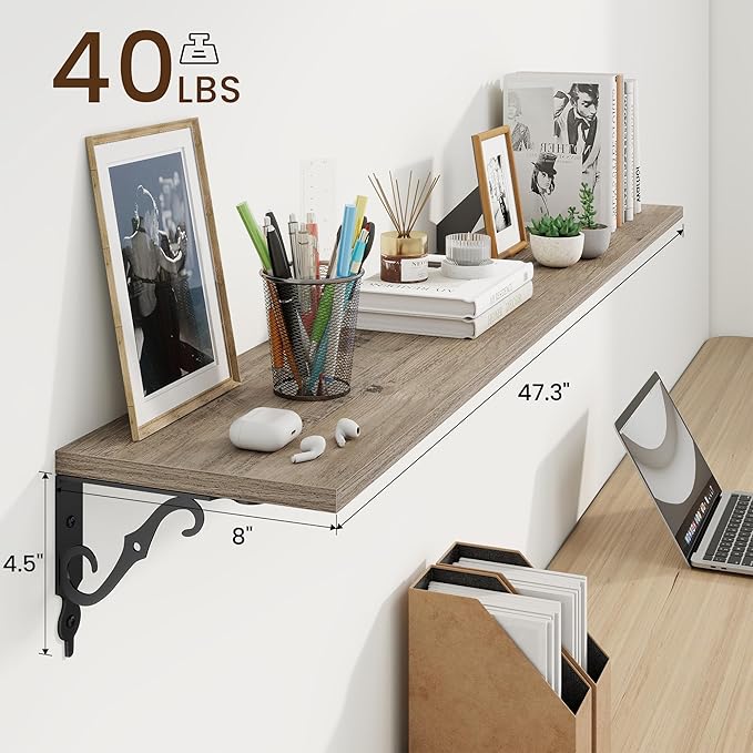 RICHFOCUS Floating Shelves for Wall Decor, 47.3W x 8D Shelves Set of 2, 8 Inch Deep Rustic Wood Shelves Wall Mounted with Brackets, Long Floating Shelves for Living Room Bedroom Kitchen, Grey