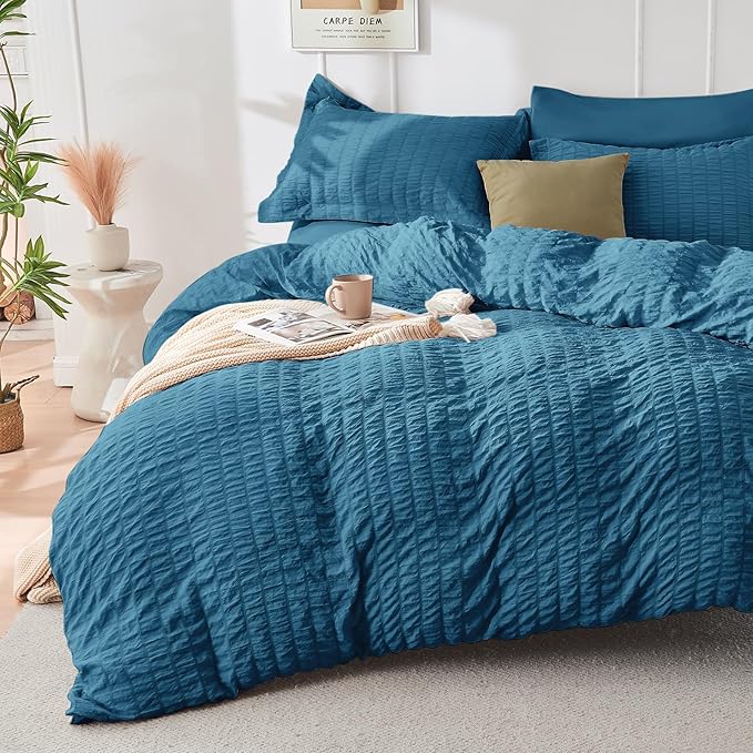 HYMOKEGE Teal Twin Comforter Set Seersucker 5 Pieces, All Season Luxury Bed in a Bag for Bedroom, Bedding Set with Comforters, Sheets, Pillowcase & Sham