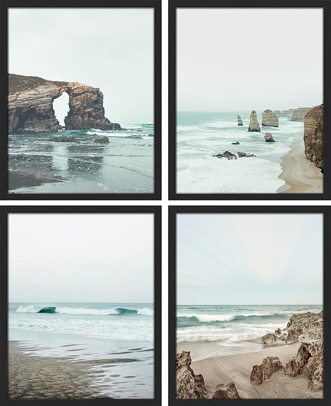 SIGNWIN Framed Rocky Storm Cloud Sky Beach Ocean Wall Art, Set of 4 Landscape Colorful Wall Decor Prints, Nature Wilderness Wall Décor for Living Room, Bedroom - 12"x16" Black