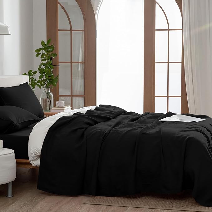 EVERLY Linen Sheets Set Twin Size,100% French Stonewash Pure Linen Sheets Set,3Pieces (1Flat Sheet,1Fitted Sheet,1Pillowcase) Suitable for Hot Sleepers,Deep Pocket Natural Bedding Set-Black