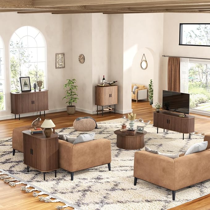 55''W Storage Cabinet, Fluted Sideboard Buffet Cabinet with Storage, Console Table Credenza with Tambour Slatted Sliding Doors and Shelves, Modern TV Stand for Living Room, Kitchen, Entryway, Walnut