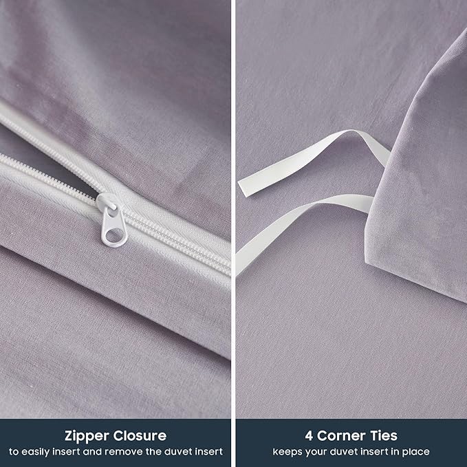 Wake In Cloud - Cotton Duvet Cover Set, 100% Washed Cotton, Linen Like Textured, Breathable Durable Comfy Farmhouse Neutral Bedding Set, 3 Pieces, Light Purple, Full Size