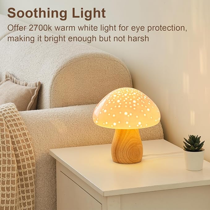BOHON Mushroom Lamp, Ceramic Bedside Table Lamp for Bedroom Nightstand, Vintage Cute Night Light, Small Lamp for Living Room Kids Desk Home Decor Girls, LED Bulb Included, Pink