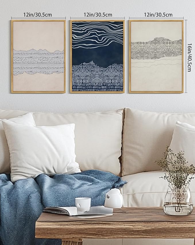 KUVIOKE Navy Blue Abstract Shapes Framed Canvas Wall Art Minimalist Wooden Pastel Boho Wall Decor Modern Neutral Farmhouse Rustic Art Painting for Bedroom Dining Room 12x16in (Natural Framed)