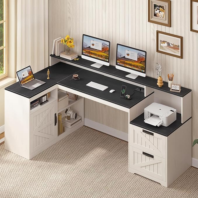 TVU Farmhouse L Shaped Desk with Drawers, 62.2" Home Office Desk with Storage Shelves and Power Outlet, L Shaped Computer Desk with Monitor Stand and Printer Shelf, Black and White