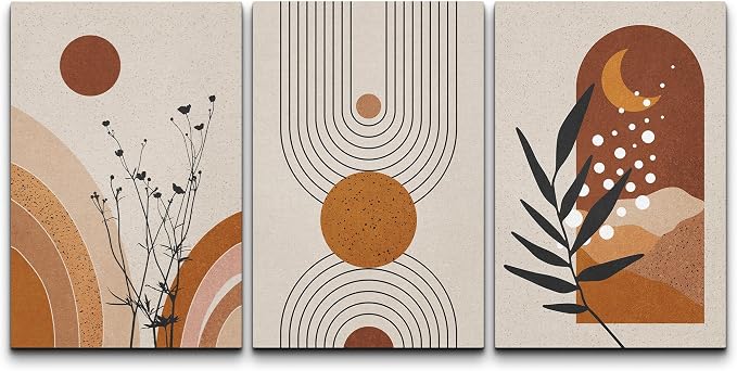wall26 Canvas Print Wall Art Set Boho Mid-Century Geometric Forest Plant Planets Nature Abstract Illustrations Modern Art Bohemian Decorative for Living Room, Bedroom, Office - 24"x36" x 3