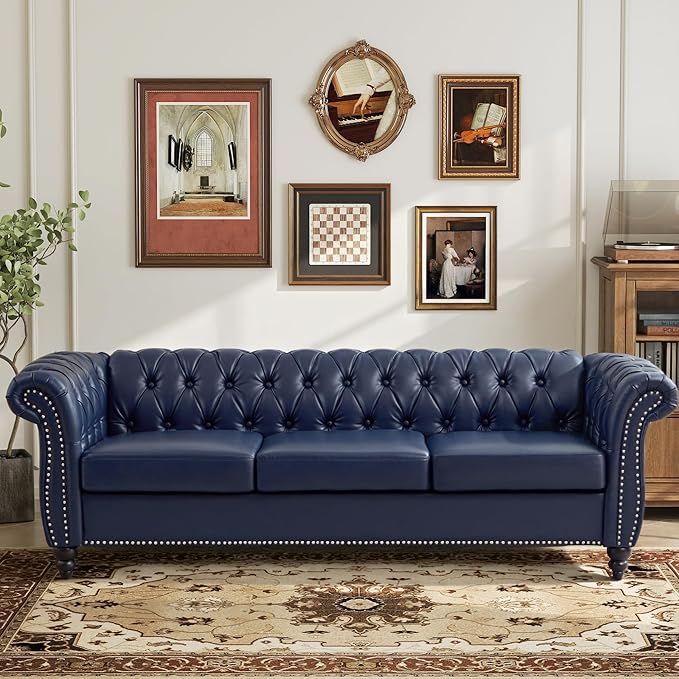 LEVNARY Chesterfield Sofa, 3 Seater Tufted Couch for Living Room, Classic Button Tufted Upholstered Sofa, Modern Mid-Century PU Leather Sofa (Blue)