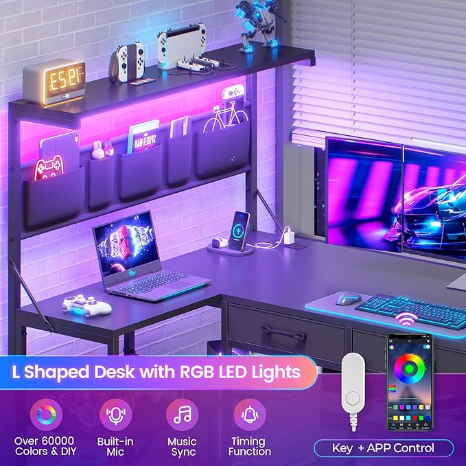 SEDETA L Shaped Gaming Desk, 47.2" Reversible Small Computer Desk with 5 Drawers and Storage Shelves, Corner Gaming Desk with LED Lights and Power Outlet, Black