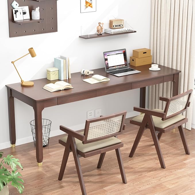 63 Inch Long Solid Wood Desk with Drawers - Mid Century Modern Office Desks, Executive Computer Desk for Two People, 2 Person Desk|Gaming Writing Study Table for 2 Monitors-Dark Walnut