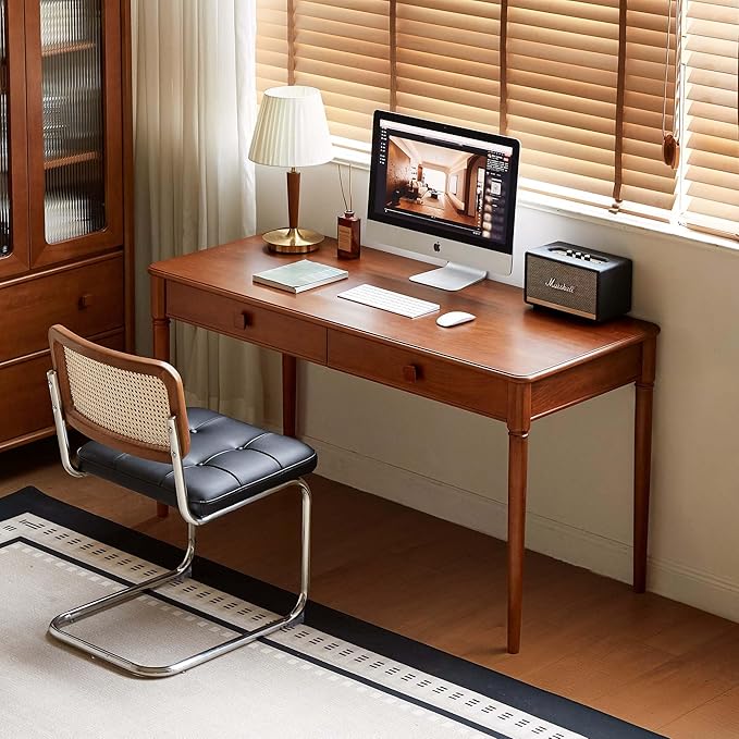 Solid Wood Computer Desk, Mid-Century Modern Home Office Desk with Drawers for Study, Working, Home Office 55" W
