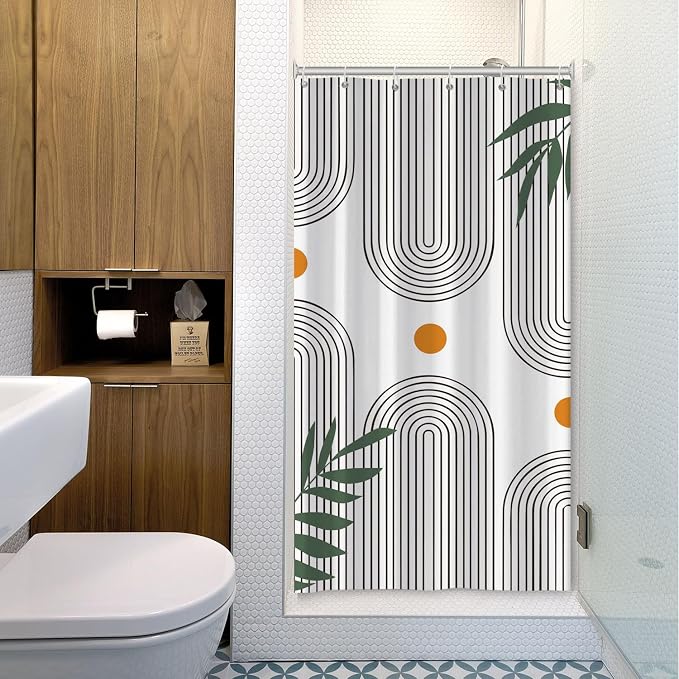 Boho Mid Century Shower Curtain Bohemian Minimalist Geometric Arch Sun Bathroom Curtain Sage Green Plant Polyester Shower Curtain Sets for Bathroom Extra Long 36x72 in with 6 Hooks