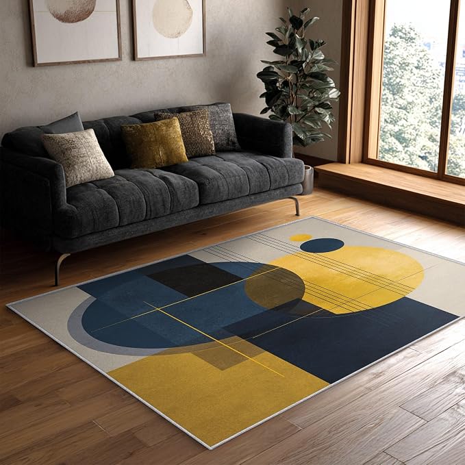 Mid Century Modern Rugs for Home Decor, 4x5 ft, Retro Circles MCM Area Rugs for Living Room, Soft Non Slip Washable Abstract Geometric Carpet Bedroom Decorations D-1g