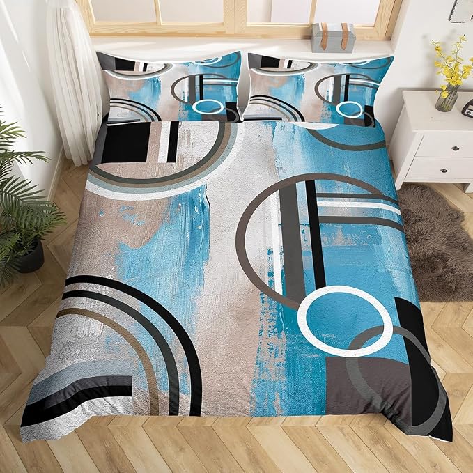 Erosebridal Ombre Geometric Duvet Cover Full Size,Navy Blue Comforter Cover for Kids Teens Youth,Grunge Bedding Set,Modern Circles Swirls Quilt Cover Watercolor Bedroom Decor 3 Piece