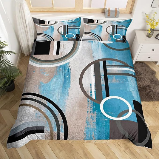 Erosebridal Ombre Geometric Duvet Cover King Size,Navy Blue Comforter Cover for Kids Teens Youth,Grunge Bedding Set,Modern Circles Swirls Quilt Cover Watercolor Bedroom Decor 3 Piece