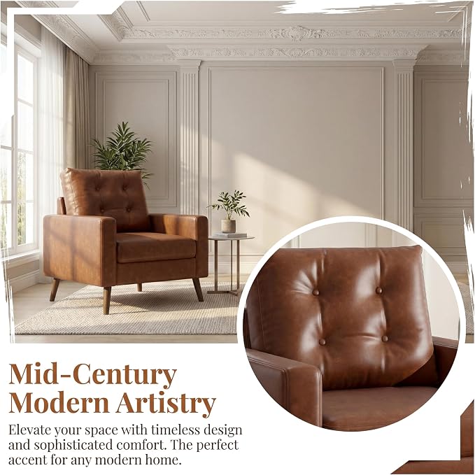HNY Mid Century Modern Armchair, Button Tufted Faux Leather Accent Chair with Armrests, Upholstered Club Chair for Living Room, Bedroom & Office, Caramel Brown