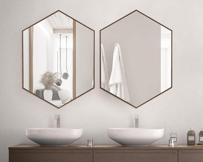 Kate and Laurel Rhodes Mid-Century Modern Hexagon Wall Mirror, Walnut Brown, 31x22-Inches