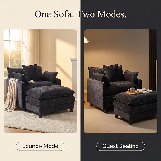 GRAVFORCE Oversized Chair with Ottoman, Comfy Upholstered Chaise Lounge Chair, Accent Indoor Reading Chairs for Living Room, Bedroom (Black)
