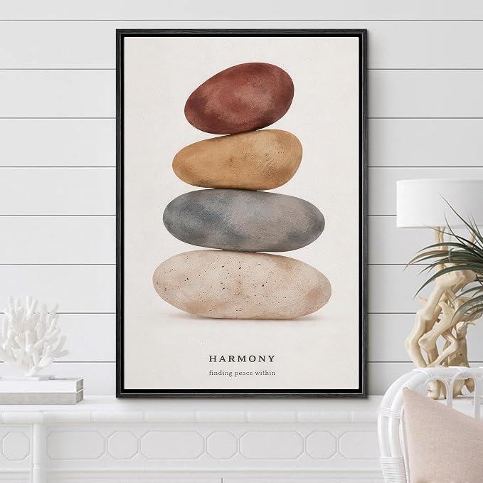 Woodrose Framed Canvas Print Wall Art Zen Balance Stones Harmony Typography Illustrations Modern Art Minimalist 3D Colorful Ultra for Living Room, Bedroom, Office - 16"x24" BLACK