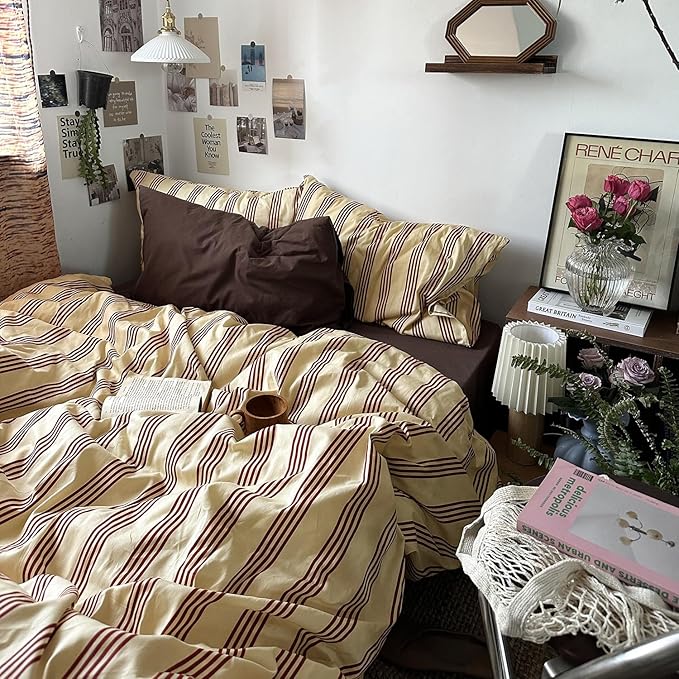 mixinni Retro Striped Duvet Cover Set Queen - 100% Natural Cotton 3-Piece Vintage Red Stripes Pattern Printed Bedding Set, Soft Breathable Comforter Cover with Zipper Closure & Corner Ties, Queen Size