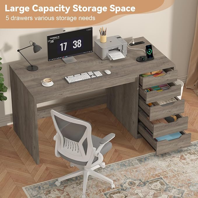 YOMILUVE 47 Inch Computer Desk with 5 Drawers and Power Outlets, Home Office Desks with Storage File Cabinet, Modern Simple Laptop Desk Writing Table for Small Spaces, Grey