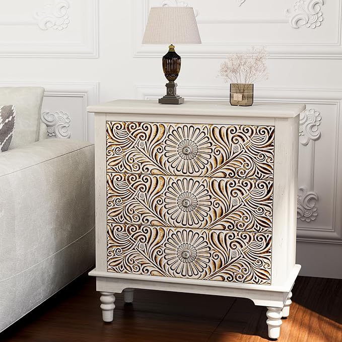 HOMPUS Nightstands Set of 2, White Nightstand with 3 Storage Drawers, Night Stand w Flower Pattern, Bedside Table Set of 2, Accent Table for Bedroom, Apartment, Light Grey Grain