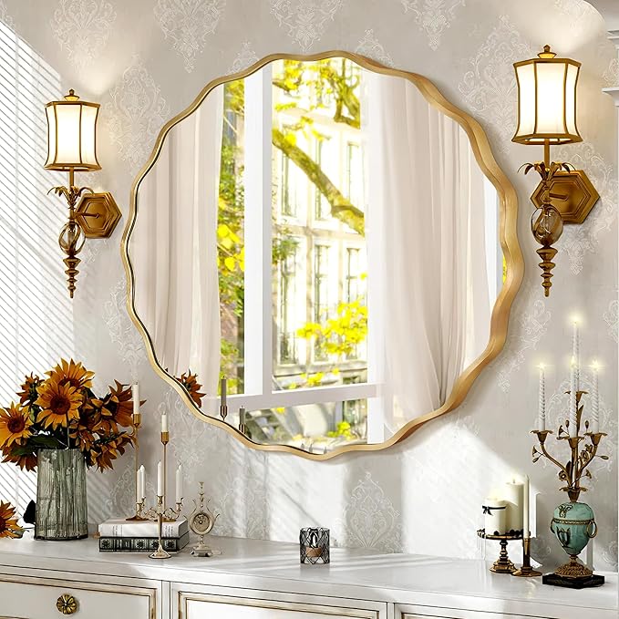 Gold Round Mirror for Wall, 32"x32" Decorative Wavy Bathroom Mirror with Brushed Alloy Steel Frame & Shatter-Proof Glass, Hanging Circle Wall Mirrors for Bathroom, Entryway, Bedroom