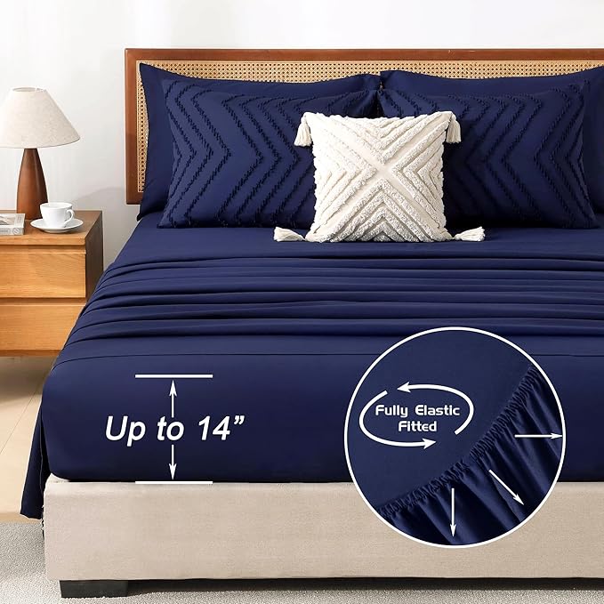 Litanika King Size Comforter Set with Sheets Navy Blue - 7 Pieces Bed in a Bag King Chevron Tufted Complete Bedding Sets with Comforter, Sheets, Pillowcases & Shams