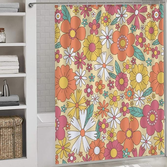 70s Floral Shower Curtain for Bathroom,Rustic Hippie Groovy 70s Daisy Flower Cute Colorful Funky Trippy Vintage Boho Waterproof Fabric Shower Curtain Set with Hooks, 72"x84"