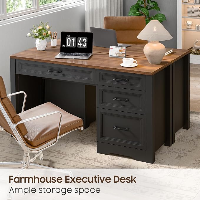 Vabches Farmhouse Executive Desk with Storage and Ample File Drawer, Rustic Large Home Writing Desk for Bedroom, Dark Brown