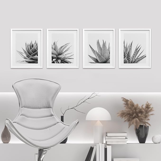 SIGNWIN Framed Black White Snake Plant Agave Cactus Succulent Wall Art, Set of 4 Floral Botanical Wall Decor Prints, Nature Wilderness Wall Décor for Living Room, Bedroom - 8"x10" White