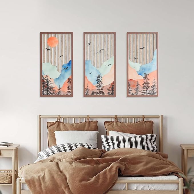 Rustic Forest Mountain Wall Art Set of 3 - Nature Inspired Wood Wall Decor Panels for Living Room, Bedroom, Cabin & Office - Minimalist Landscape Pictures of Nature (Landscape - 15.7 x 7.87 inch)