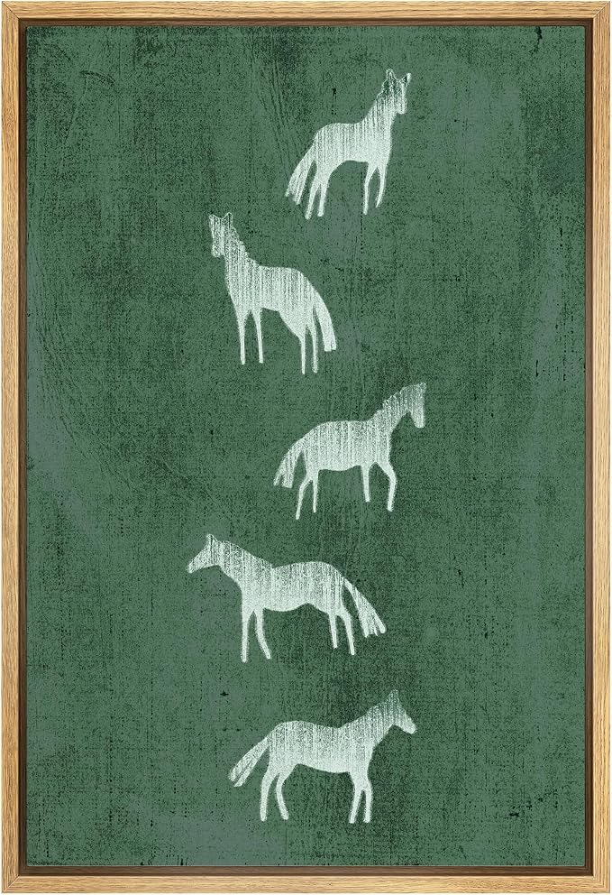 SIGNWIN Framed Canvas Print Wall Art Preppy Room Decor White Silhouette Horse Stallions Grazing Nature Wilderness Drawings Boho Animals Colorful for Living Room, Bedroom, Office - 24"x36" Natural