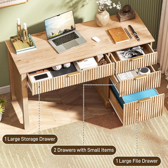 Vabches Fluted Executive Desk with Drawers, Wood Computer Desk with Ample File Drawer, Home Office Desk with Storage for Study, Bedroom, Living Room, Oak