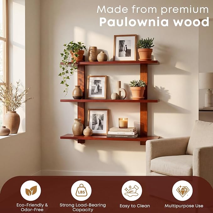 PHOENANCEE 3 Tier Floating Shelves,Long Wall Shelf,Over The Toilet Shelves Bathroom Hanging Display Storage Rustic for Living Room Bedroom Kitchen Office Coffee Bar Decor Decorative,24 Inch