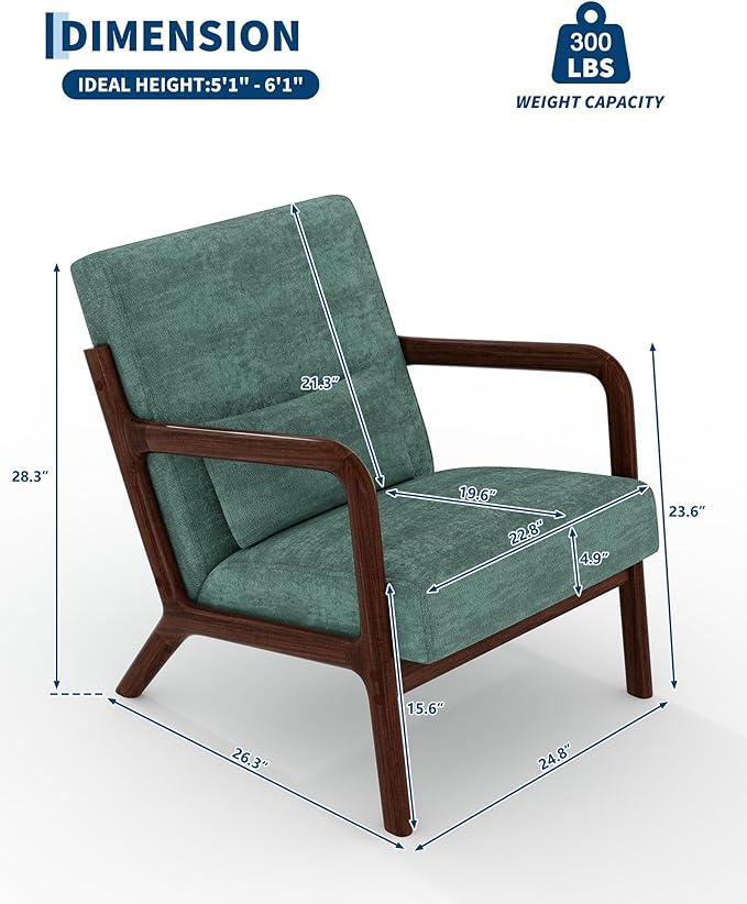 Garvee Mid-Century Chenille Accent Chair Set of 2, Cozy Reading Chair, Modern Lounge Armchair with Lumbar Pillow, Sturdy Wood Frame, for Living Room, Bedroom, Office, Green
