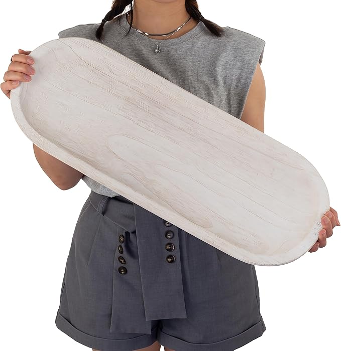 Hanobe Decorative Bowl Large Wooden: 25.5" Extra Long Wood Dough Bowls for Entry Way Table - Farmhouse Coffee Table Decor - Rustic Dining Table Centerpiece Decor, White
