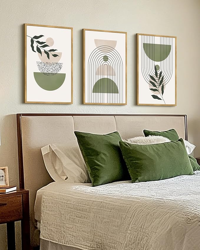 Drsoum Green Botanical Boho Wall Art Framed Modern Sage Bohemian Plant Wall Decor Abstract Geometry Lines Prints Ready to Hang 16x24in Natural Framed