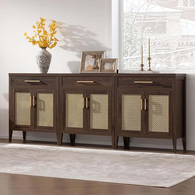 SICOTAS Buffet Cabinet Set of 2 - Modern Sideboard Cabinet Tall Credenza with Drawers & Metal Mesh Doors, Accent Buffet Table Coffee Bar for Living Room Dining Room Entryway, Espresso Walnut