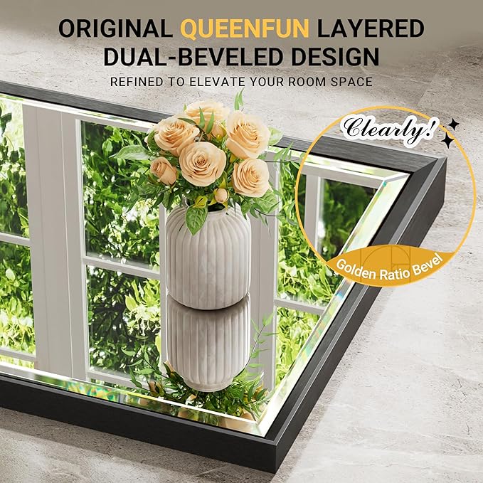 Black Bathroom Mirror, 16''x 24'' Beveled Bathroom Mirror for Wall, Anti-Rust Black Framed Mirror for Bathroom Living Room Decor, Rectangle Black Mirror for Wall Decorative