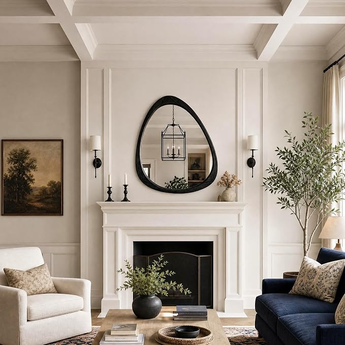 24" x 19" Asymmetrical Wall Mirror with Black Wood Frame, Irregular Wall Mirror for Bedroom Entryway Living Room, HD Tempered Glass, Horizontal or Vertical Hanging