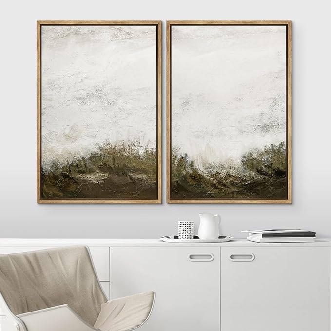 IDEA4WALL Framed Canvas Print Wall Art Set Grunge White Brown Color Field Landscape Abstract Shapes Illustrations Minimalism Decorative for Living Room, Bedroom, Office - 16"x24"x2 Natural