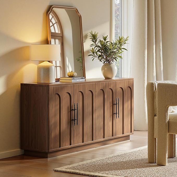 Evermagin 67" Arched Walnut Buffet Cabinet with Storage, Large Credenza with 4 Doors, Wood Mid Century Modern Sideboard for Kitchen and Living Room (67"*31.5"*15.7")