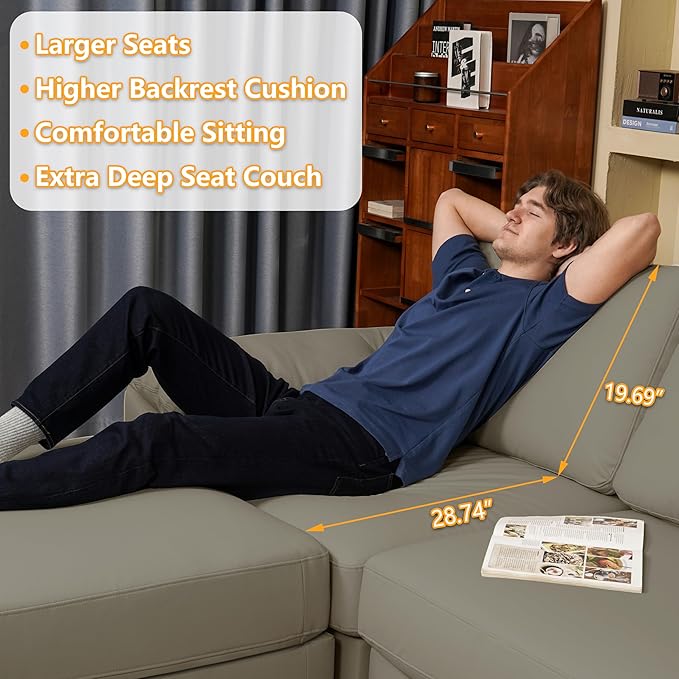 EASE MOOSE Oversized Modular Sectional Sofa,Leather Sectional Couch with Deep Seat,Extra Large L Shaped Couch,Modern Comfy Scratch Resistant Faux Leather Material Sofa,Light Grey