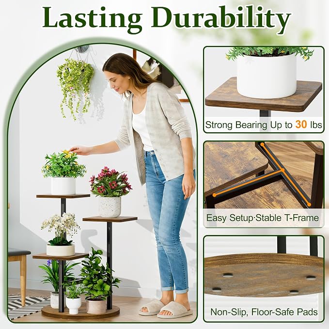 3 Tier Wood Plant Stand Indoor Outdoor, Wood Tall Plant Rack, Heavy Duty Wrought Iron Flower Pot Stand, Planter Display Rack for Living Room Balcony Garden Patio - BlackSquare