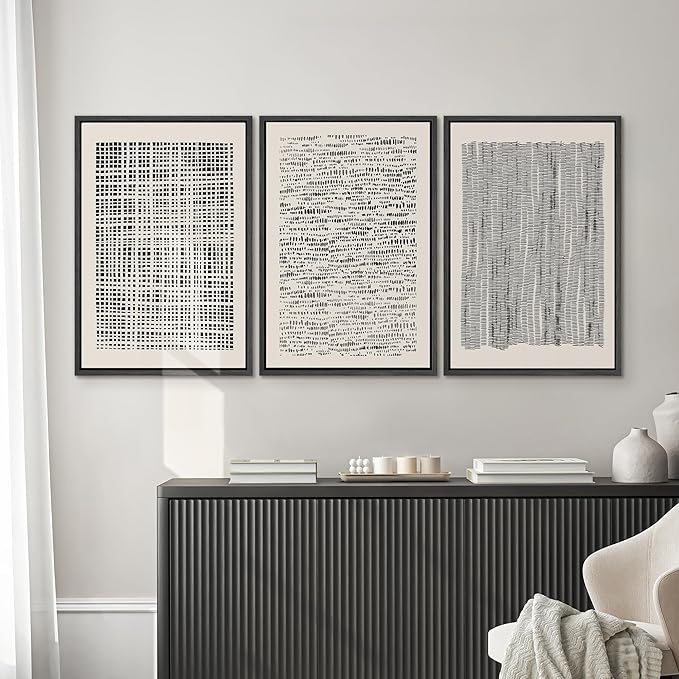SIGNWIN Framed Canvas Print Wall Art Set Geometric Dark Black Grid Wave Pattern Abstract Shapes Cozy Neutral Modern Art Decorative Contemporary for Living Room, Bedroom, Office - 16"x24"x3 Black