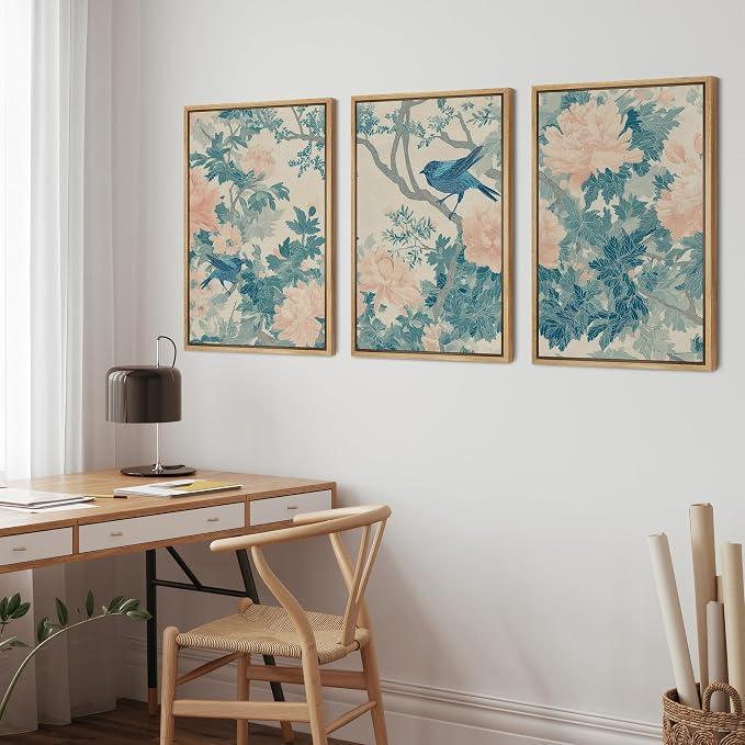 wall26 Framed Print Wall Art Set Elegant Blue Bird and Peony Floral Pattern Decorative Minimal Relax/Zen for Living Room, Bedroom, Office - 24"x36"x3 NATURAL