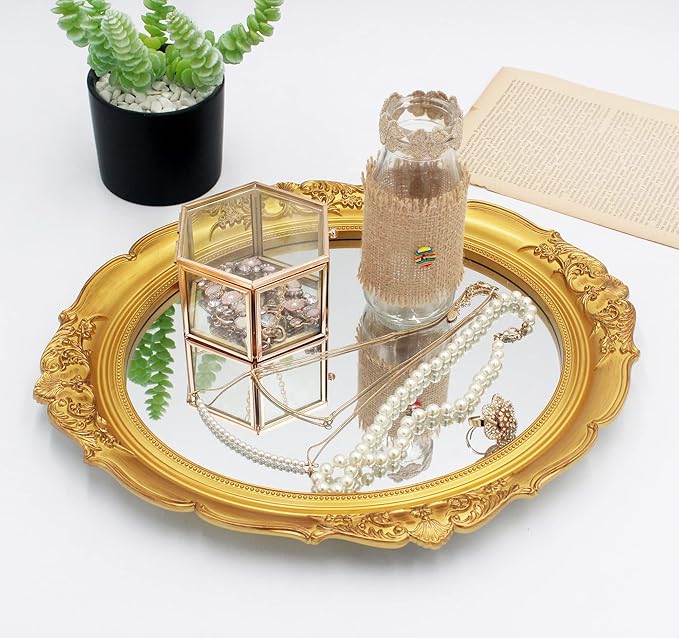 Eaoundm 13.1 x 14.8 inchs Decorative Wall Mirror,Vintage Hanging Mirrors for Bedroom Living-Room Dresser Decor Oval (Gold 2 Pcs)